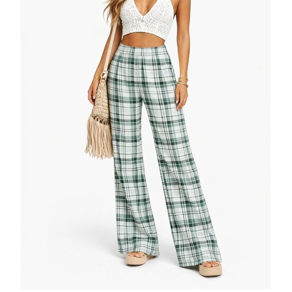 Caution To The Wind Pants - Caution to the Wind Plaid Knit Wide Leg Pants Green White Retro Festival Size S